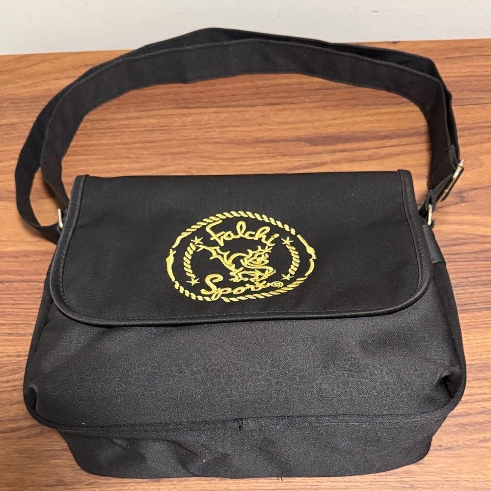 Carlos Falchi Sport Black Nylon Messenger Bag With Adjustable Strap/Gold Logo.